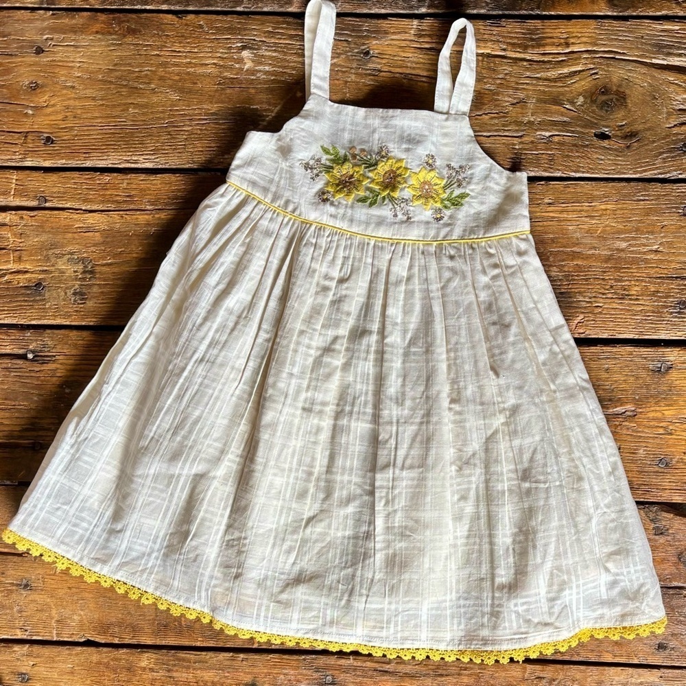 haute hippie Toddler Girls Sun Dress Pale Yellow, Embroidered Sun Flowers Cotton